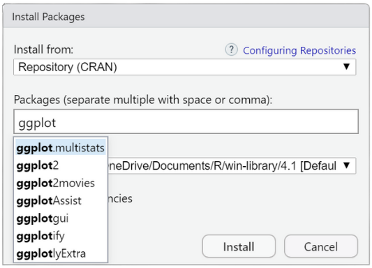 'ggplot' package installation suggestions from CRAN repository based on input text