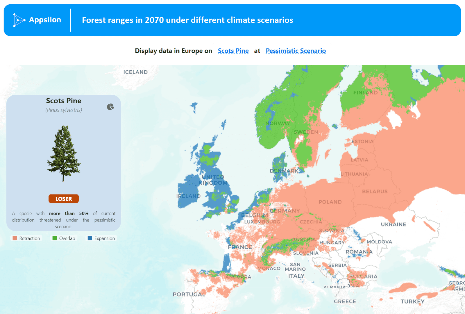 Dashboard view of Forest Ranges, a Shiny app displaying data in Europe on tree species responses to climate change scenarious