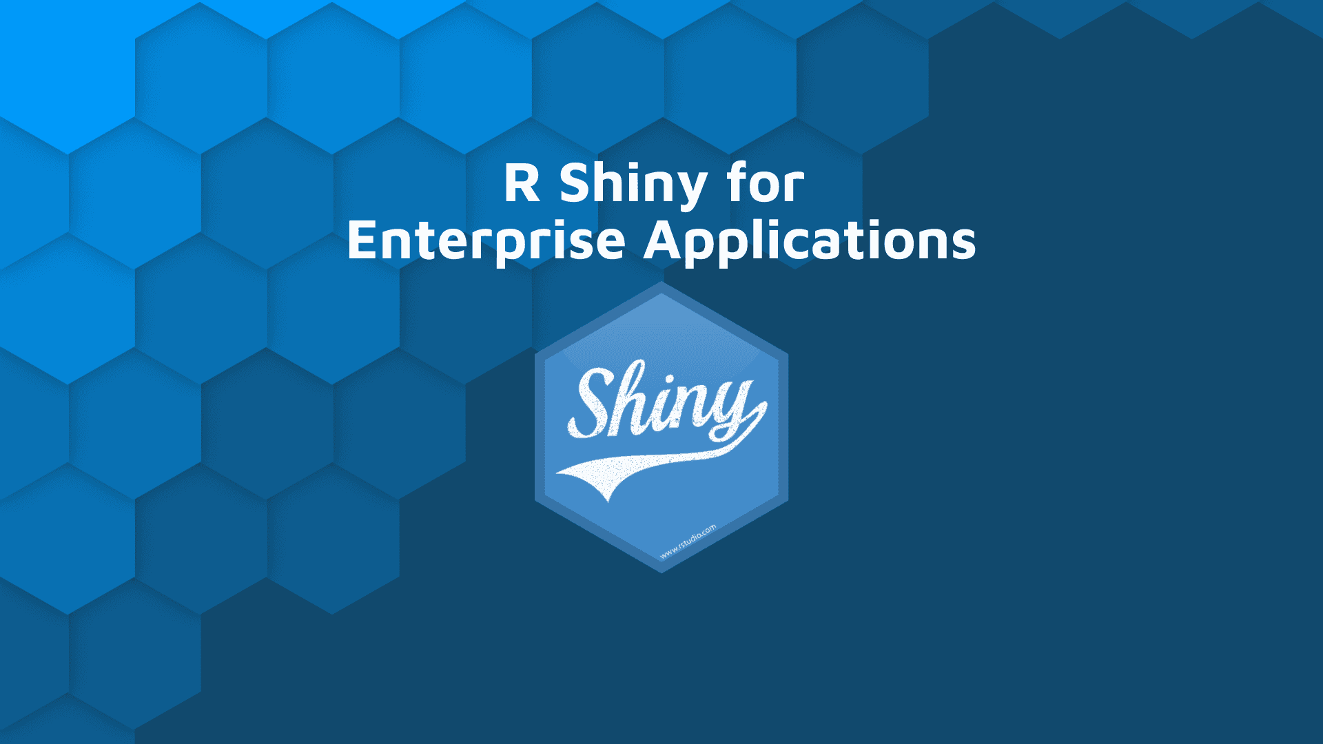 Blog hero hex banner with white text, "r shiny for enterprise applications" and Shiny open-source logo